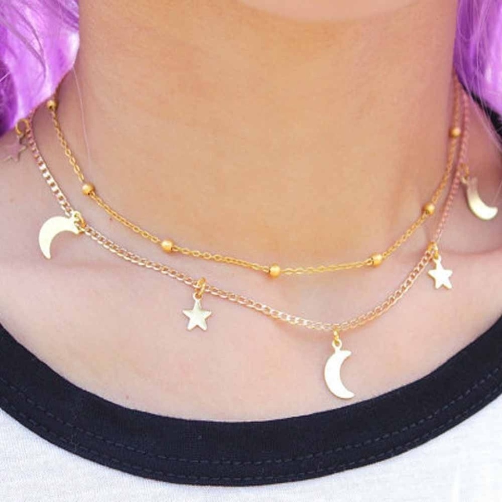 Moon & Stars Gold Layered Choker Bib  Necklace